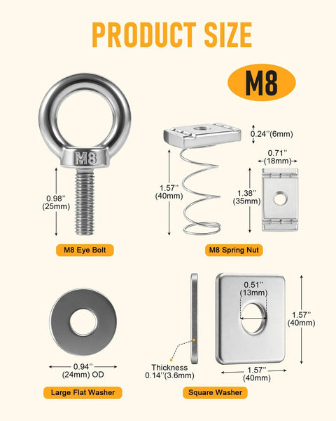 Heavy Duty Stainless Steel Strut Channel Nut And Eye Bolt Set With Long Zinc Plated Springs For Unistrut Systems M8 And M10 Eye Bolts Pack Of 8 Versatile Nut And Bolt Kit For Bed Rails And Utili Track Installations. M8 eye bolt, spring nut, washer size guide