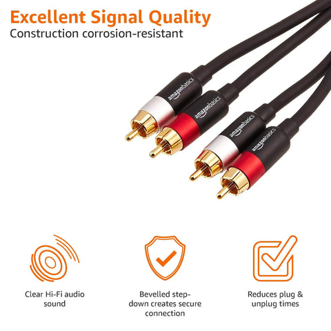 2 Male RCA Stereo Audio Cable For HiFi Systems And Subwoofers Crystal Clear Audio Gold Plated Connectors 15 Feet High Fidelity Digital Audio Interconnect For Amplifiers And Active Speakers, gold-plated RCA plugs