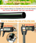 Instructions for using Half Inch Drip Irrigation Fittings Kit With Barbed Locking Nuts For One Half Inch Tubing with measurement details.