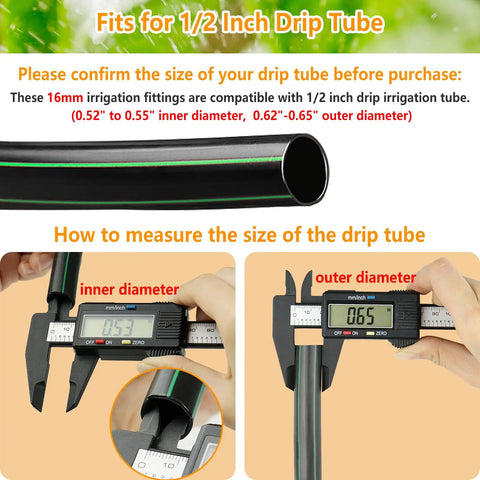 Measuring 1/2 inch drip tube with caliper for Eight Pack Three Quarters Inch To One Half Inch Faucet Adapters.
