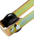 Close-up of Easy Rider Stringing Block with nylon roller, zinc-plated steel frame for 1 inch cables, part of pack of 40, in use.