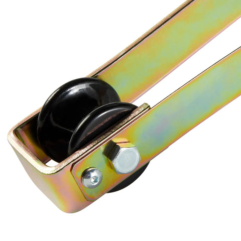 Close-up of Easy Rider Stringing Block with nylon roller, zinc-plated steel frame for 1 inch cables, part of pack of 40, in use.