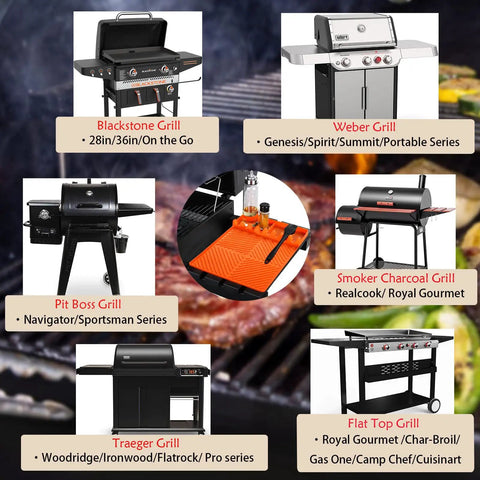 Silicone Griddle And Grill Mat With Drip Pad for Grill and Kitchen, surrounded by Blackstone, Weber, Traeger, Pit Boss, and Flat Top grills.