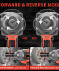 Cordless Impact Wrench Half Inch High Torque 21V Brushless Motor Delivers 1000N.m Peak With Two 4.0Ah Batteries six socket set shown in forward and reverse mode with arrow indicators for cars trucks mowers industrial repair jobs
