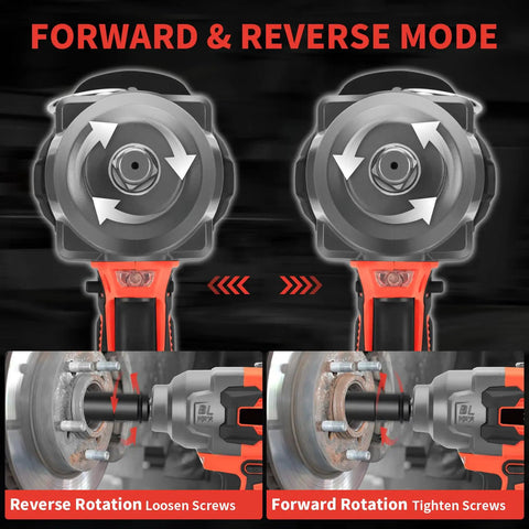Cordless Impact Wrench Half Inch High Torque 21V Brushless Motor Delivers 1000N.m Peak With Two 4.0Ah Batteries six socket set shown in forward and reverse mode with arrow indicators for cars trucks mowers industrial repair jobs