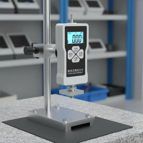 Portable Digital Push Pull Force Gauge For Tension And Compression Testing, AA Powered Dynamometer With Peak Hold Mode, Unit Conversion Between N Kg And Lb, Compact On The Go Handheld Gauge For Field Work mounted on test stand