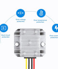Waterproof 12V 24V To 6V Buck Converter 60W 10A Max Output For Car Electronics with protection features shown.