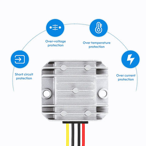 Waterproof 12V 24V To 6V Buck Converter 60W 10A Max Output For Car Electronics with protection features shown.
