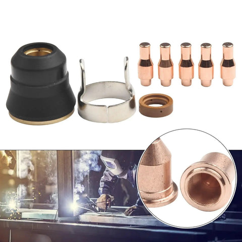 13 Piece Plasma Cutting Consumables Kit For Harbor Freight Titanium 45A Plasma Cutter Includes Nozzles And Electrodes 0.9mm Electrode 56576 Tip 56255 56811 Replacement Set displayed with welding scene.