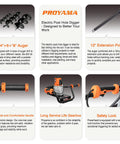 Diagram of Electric Post Hole Digger 1700W Corded Auger With 4 6 8 Inch Bits 12 Inch Extension Rod and safety features.