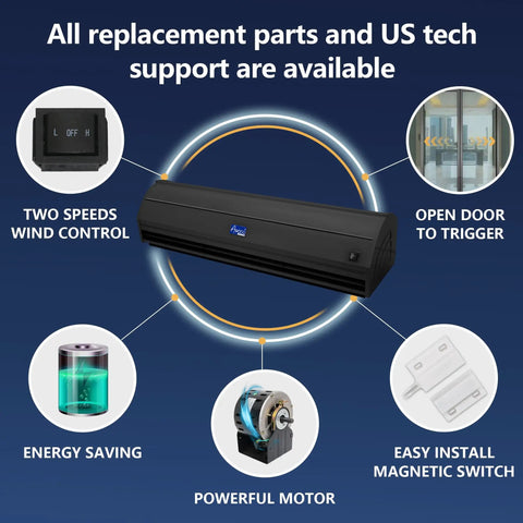 Sleek 42 Inch Black Air Curtain With 1000 Cfm High Velocity Airflow And Two Speeds for controlling drafts and pests.
