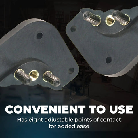 Close-up of precise router table insert plate levelers with adjustable points for easy leveling, pro grade upgrade for shop tables.