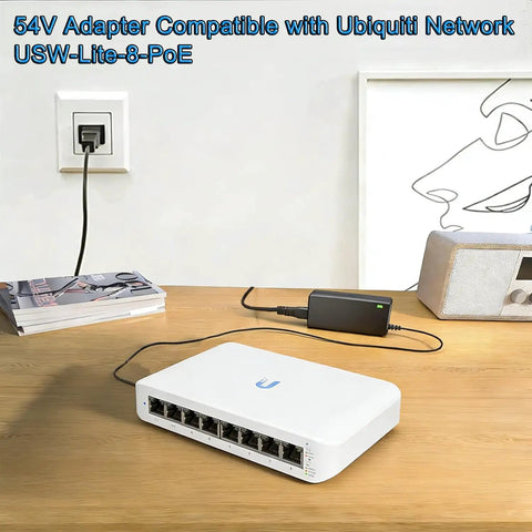 54V 1.1A DC Power Adapter For UniFi USW-Lite-8-PoE 8-Port Gigabit Switch, black adapter on desk
