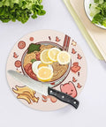 Round tempered glass cutting board with noodle design and knife, non-slip surface resists knife marks, easy clean up.