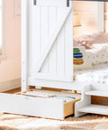 Kid Approved Full Size Floor Bed Frame With Sliding Barn Door And Built In Soft Glow Light Farmhouse House Shaped Sleeper, featuring storage drawer.