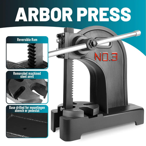 3 Ton Arbor Press Manual Hand Operated Cast Iron Bench Top Press With 12 Inch Stroke, reversible ram and removable steel anvil.