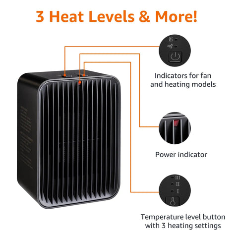 Portable Ceramic Space Heater For Indoor Use With Three Heat Settings And Temperature Control Lightweight 1.7 Lbs 520 Watt Black
