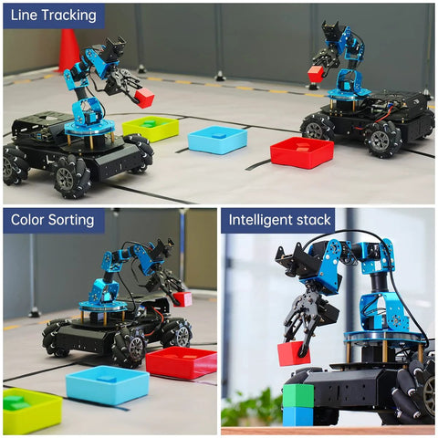 Toy HIWONDER 6DOF robot arm on a 4WD mecanum chassis in blue metal, shown with color blocks and line tracking.