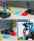 Two robot arm units with dual blue arms on a black 4WD chassis; color sorting blocks nearby