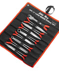 Nine Piece 11 Inch Long Reach Needle Nose Pliers Set For Tight Spots in pouch, with non slip PVC dipped handles.