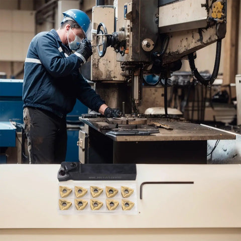 Heavy Duty Lathe Turning Tool With New Bracket For Precision Turning Includes 10 Carbide Inserts WNMG432 And WNMG080408, shown in use.