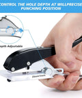 Heavy Duty 8mm Single Hole Punch Portable Handheld Paper Punch in use, adjustable depth feature displayed, punching white paper.