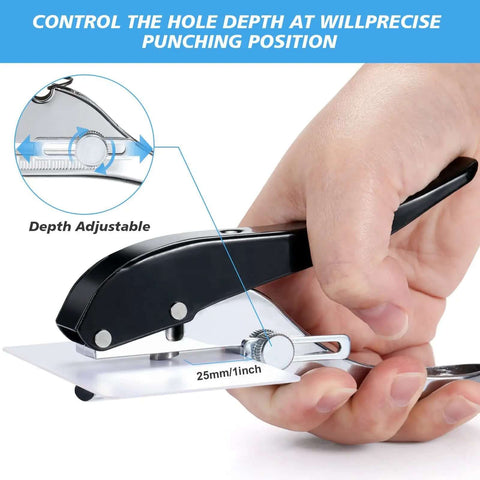 Heavy Duty 8mm Single Hole Punch Portable Handheld Paper Punch in use, adjustable depth feature displayed, punching white paper.