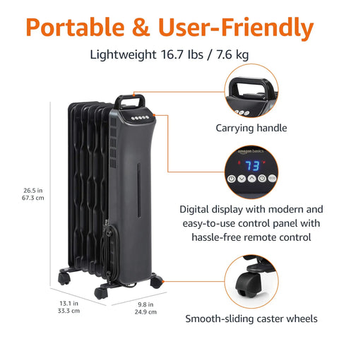 Portable Heavy Duty Oil Filled Space Heater With Remote And Adjustable Thermostat 1500W with carrying handle and digital display