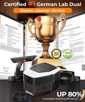Handheld Steam Cleaner With Dual Core Fast Heating And One Point Eight Liter Tank For Homes Kitchens Bathrooms And Cars Generates Hella Hot Vapor, displayed with certification and trophy.