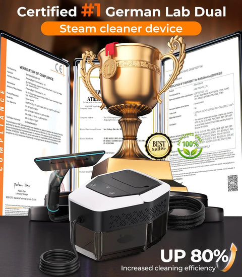 Handheld Steam Cleaner With Dual Core Fast Heating And One Point Eight Liter Tank For Homes Kitchens Bathrooms And Cars Generates Hella Hot Vapor, displayed with certification and trophy.