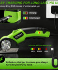 Cordless Electric Scissors For Cardboard And Paper Cutting Rechargeable Portable Handheld Power Tool With 320Rpm High Efficiency Blade Kit Includes Storage Case And Usb Cable Easy Craft And Office Use showing charging features and battery indicator.