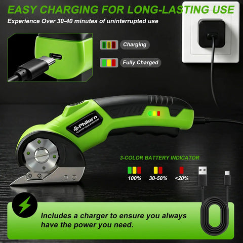 Cordless Electric Scissors For Cardboard And Paper Cutting Rechargeable Portable Handheld Power Tool With 320Rpm High Efficiency Blade Kit Includes Storage Case And Usb Cable Easy Craft And Office Use showing charging features and battery indicator.