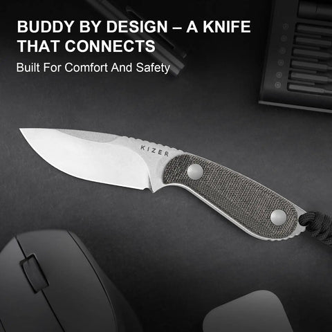 Buddy Fixed Blade Knife With 3 Inch D2 Steel Blade, Olive Green Micarta Handle displayed on black surface