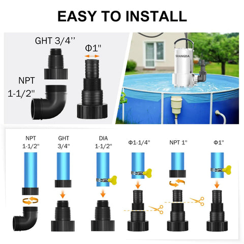 Image showing installation instructions for 1 HP Submersible Sump Pump with adapters for pools and drainage, emphasizing easy setup.