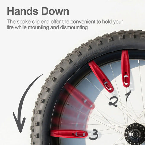 Ultra Strong Bicycle Tire Levers Set in use on bike wheel, showing red levers with spoke clip ends for quick flat tire changes.