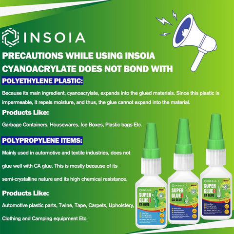 CA glue bottles, three 20 g bottles with green caps and INSOIA labels