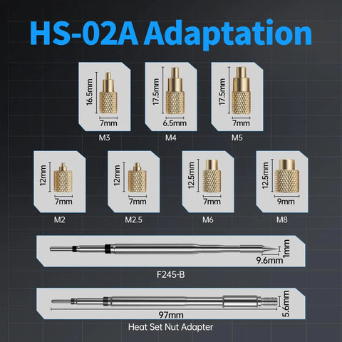 HS-02A Adaptation chart showing M2 to M8 brass insert nuts with dimensions for 2 In 1 Heat Set Insert Tool And Corded Pro Grade Soldering Iron Kit