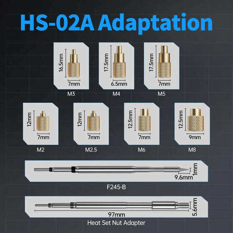 Diagram showing Go-To 2 In 1 Heat Set Insert Tool with brass inserts from M2 to M8 sizes for electronics repair and 3D printing.