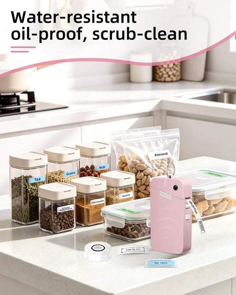 Slick Portable Bluetooth Label Maker With Wireless Tape, Compact Handheld Sticker Printer For Quick Adhesive Labels, Dope Pocket Sized Smart Thermal Device That Prints Crisp Labels No Cap on kitchen counter with labeled jars.