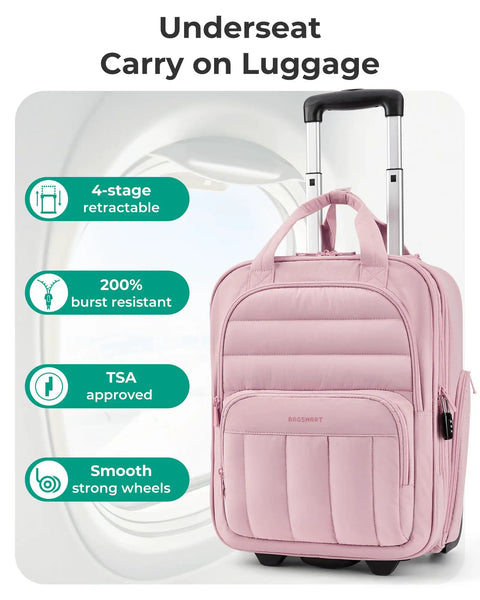 Your Go To Underseat Carry On Luggage With Wheels For Women, 16 Inch Lightweight Personal Item Bag In Blush Pink with features