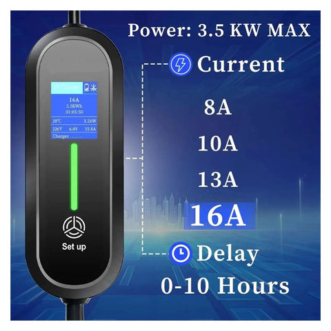 Portable Type 2 EV Charger 3.6KW 16AMP 240VOLT Electric Car Charging Cable display showing current settings and power levels.