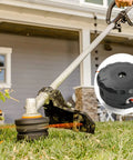 Speed-Feed 400 Trimmer Head Replacement For SRM Series installed on trimmer near grass, inset of replacement head
