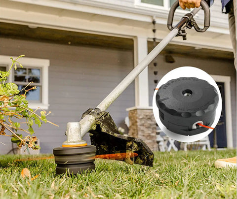 Speed-Feed 400 Trimmer Head Replacement For SRM Series installed on trimmer near grass, inset of replacement head