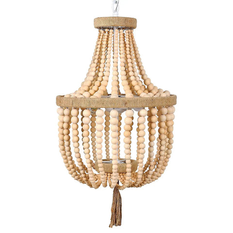 12 Inch Wood Beaded Chandelier Boho Pendant Light For Living Room Kitchen Hallway Nursery Bedroom, Farmhouse Modern Bohemian Ceiling Fixture With Rustic Natural Beads And Antique Vintage Flair.