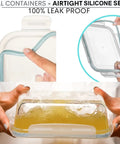 Close-up of airtight silicone seal and leak-proof test on 16 Piece Glass Meal Prep Set With 8 Containers Each 30 Oz, Lids Included.