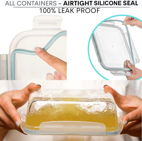 Close-up of airtight silicone seal and leak-proof test on 16 Piece Glass Meal Prep Set With 8 Containers Each 30 Oz, Lids Included.