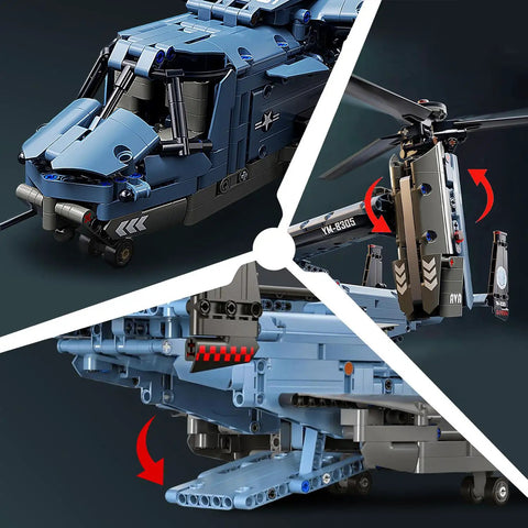 Military Helicopter Building Kit With Tiltrotor Inspired By The V22 Osprey Aircraft features rotating rotors and plane mode.