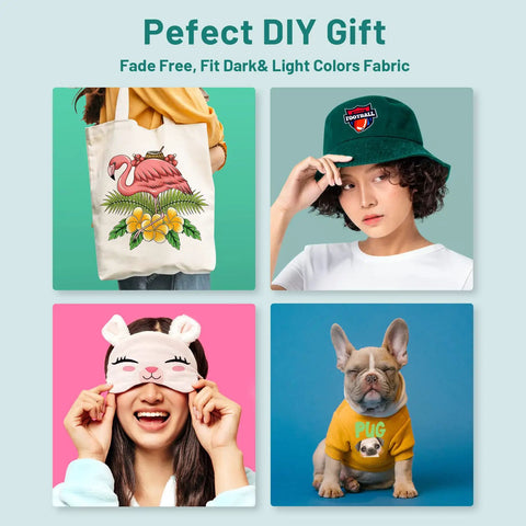 Collage showcasing DTF Transfer Film Kit With Smart Printing Pad, printed tote, hat, eye mask, and dog shirt, perfect for DIY gifts.