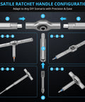 Magnetic Ratchet Screwdriver Set With 50-In-1 Bits showing versatile handle configurations for DIY projects