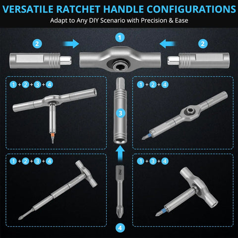 Magnetic Ratchet Screwdriver Set With 50-In-1 Bits showing versatile handle configurations for DIY projects
